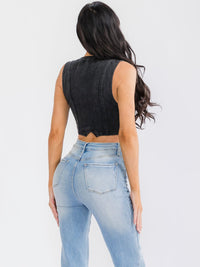 WOMEN'S SLEEVELESS V-NECK BUTTON UP DENIM CROP TOP