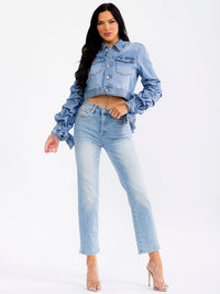 WOMEN'S LONG RUCHED SLEEVE BUTTON UP POCKETS DENIM WASHED JACKET