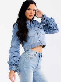 WOMEN'S LONG RUCHED SLEEVE BUTTON UP POCKETS DENIM WASHED JACKET