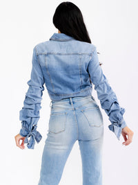 WOMEN'S LONG RUCHED SLEEVE BUTTON UP POCKETS DENIM WASHED JACKET