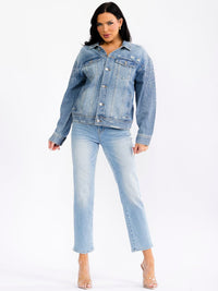 WOMEN'S LONG SLEEVE BUTTON UP POCKETS DISTRESS DENIM WASHED STUDS JACKET
