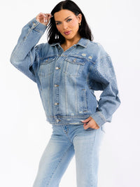 WOMEN'S LONG SLEEVE BUTTON UP POCKETS DISTRESS DENIM WASHED STUDS JACKET