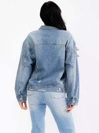 WOMEN'S LONG SLEEVE BUTTON UP POCKETS DISTRESS DENIM WASHED STUDS JACKET