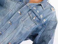 WOMEN'S LONG SLEEVE BUTTON UP POCKETS DISTRESS DENIM WASHED STUDS JACKET