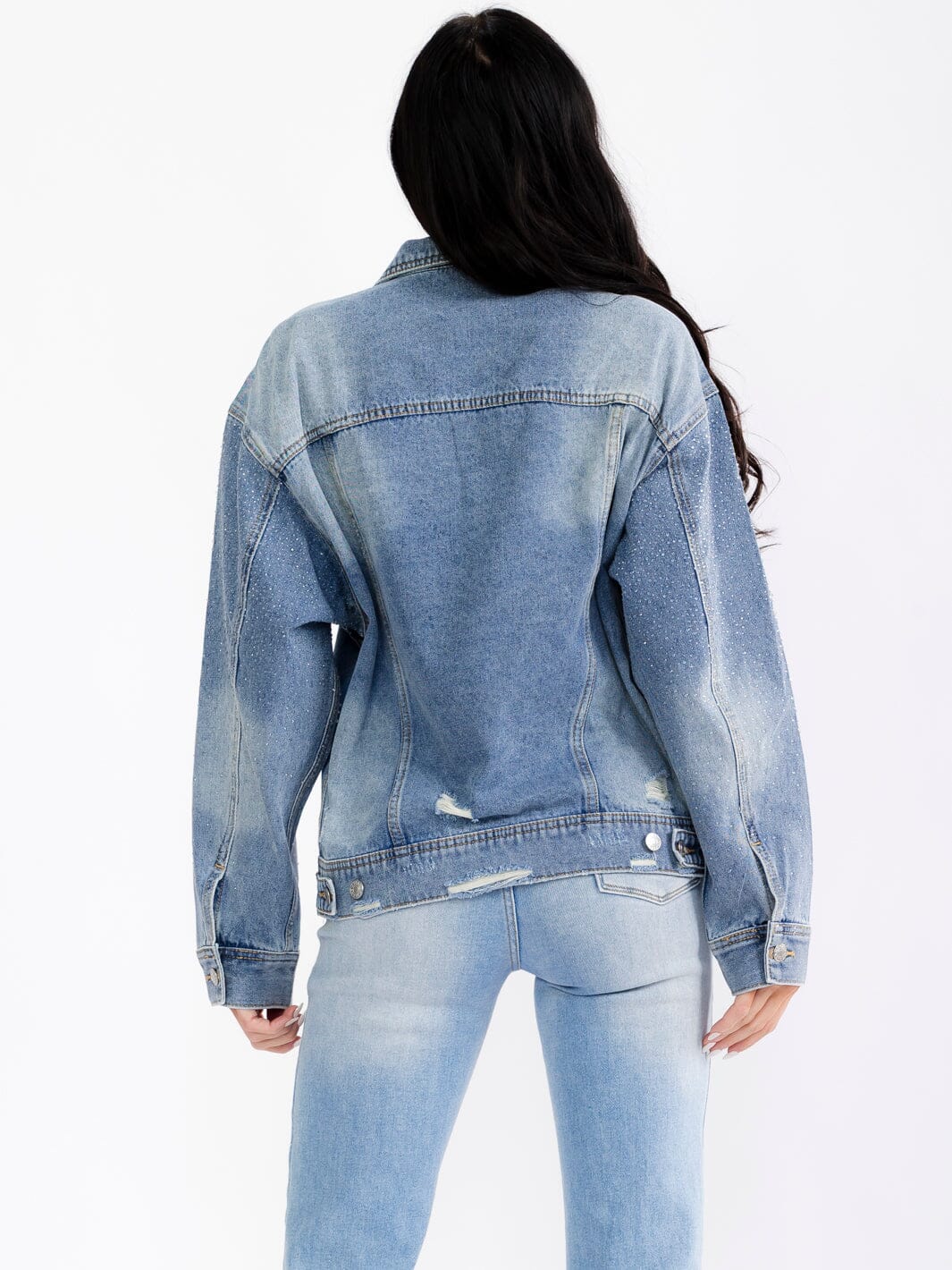 WOMEN'S LONG SLEEVE BUTTON UP POCKETS DISTRESS DENIM WASHED STUDS JACKET