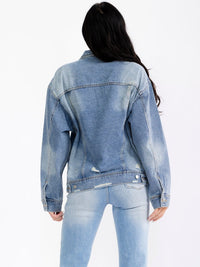 WOMEN'S LONG SLEEVE BUTTON UP POCKETS DISTRESS DENIM WASHED STUDS JACKET