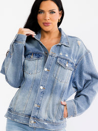 WOMEN'S LONG SLEEVE BUTTON UP POCKETS DISTRESS DENIM WASHED STUDS JACKET