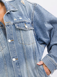WOMEN'S LONG SLEEVE BUTTON UP POCKETS DISTRESS DENIM WASHED STUDS JACKET