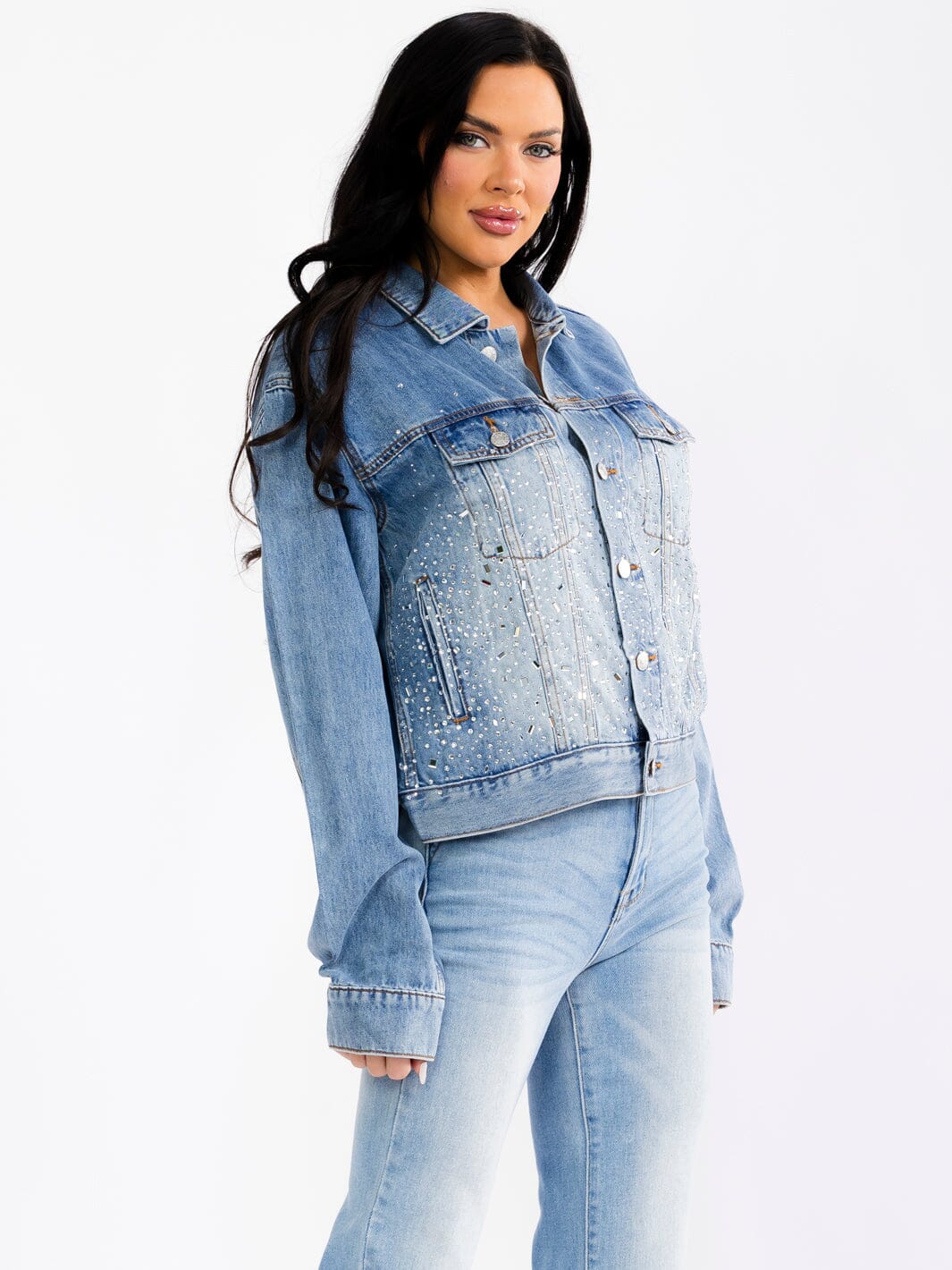 WOMEN'S LONG SLEEVE BUTTON UP POCKETS DENIM WASHED STUDS JACKET