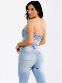 WOMEN'S SLEEVELESS SMOCK OPEN BACK BELTED DENIM CROP TOP