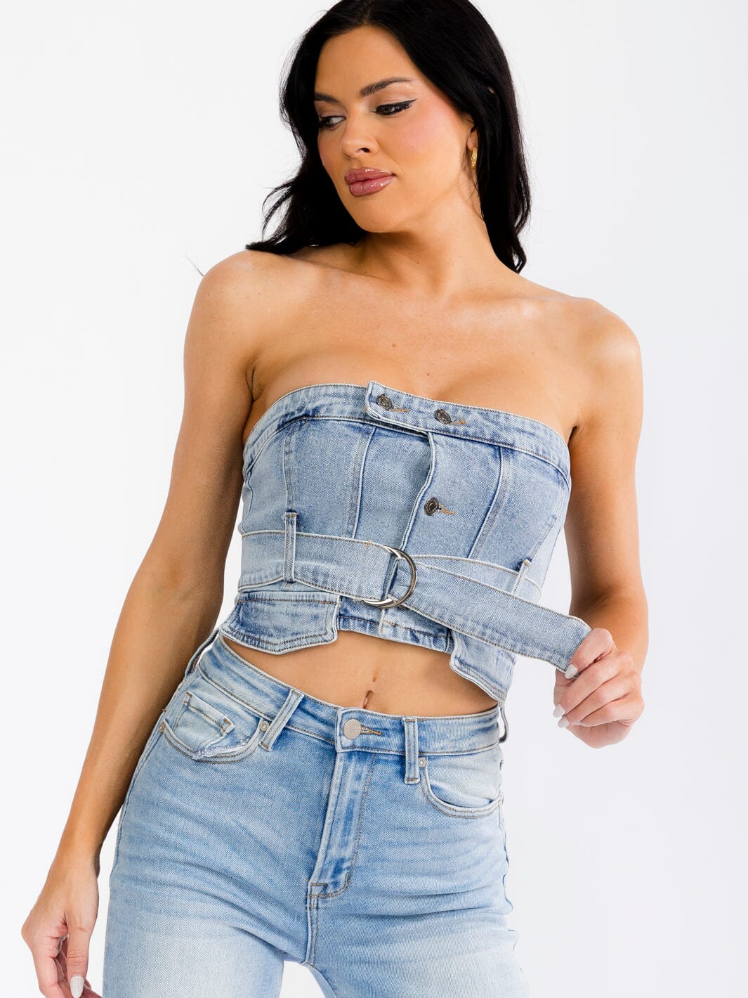 WOMEN'S SLEEVELESS SMOCK OPEN BACK BELTED DENIM CROP TOP