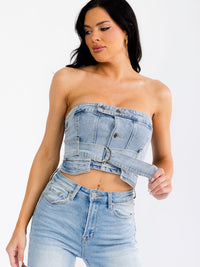WOMEN'S SLEEVELESS SMOCK OPEN BACK BELTED DENIM CROP TOP
