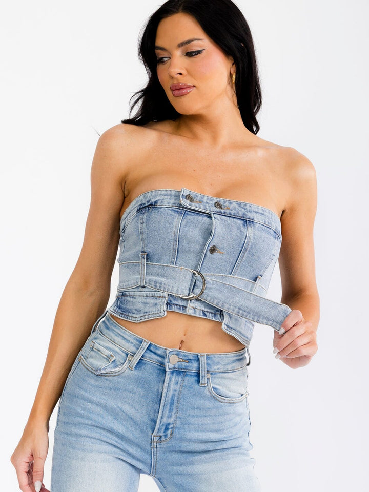 WOMEN'S SLEEVELESS SMOCK OPEN BACK BELTED DENIM CROP TOP