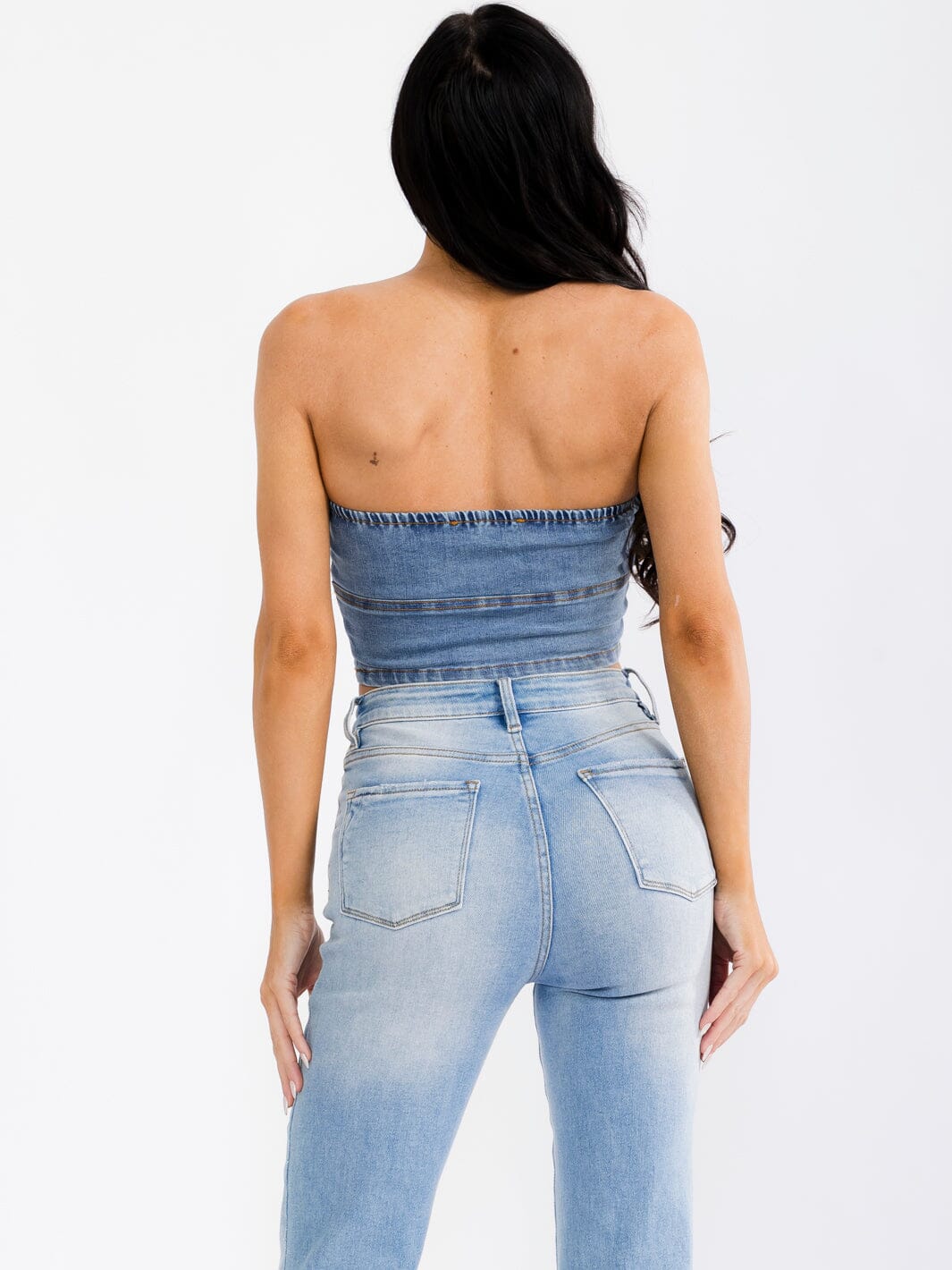 WOMEN'S SLEEVELESS SMOCK FRONT KEY HOLE STRETCH DENIM CROP TUBE TOP