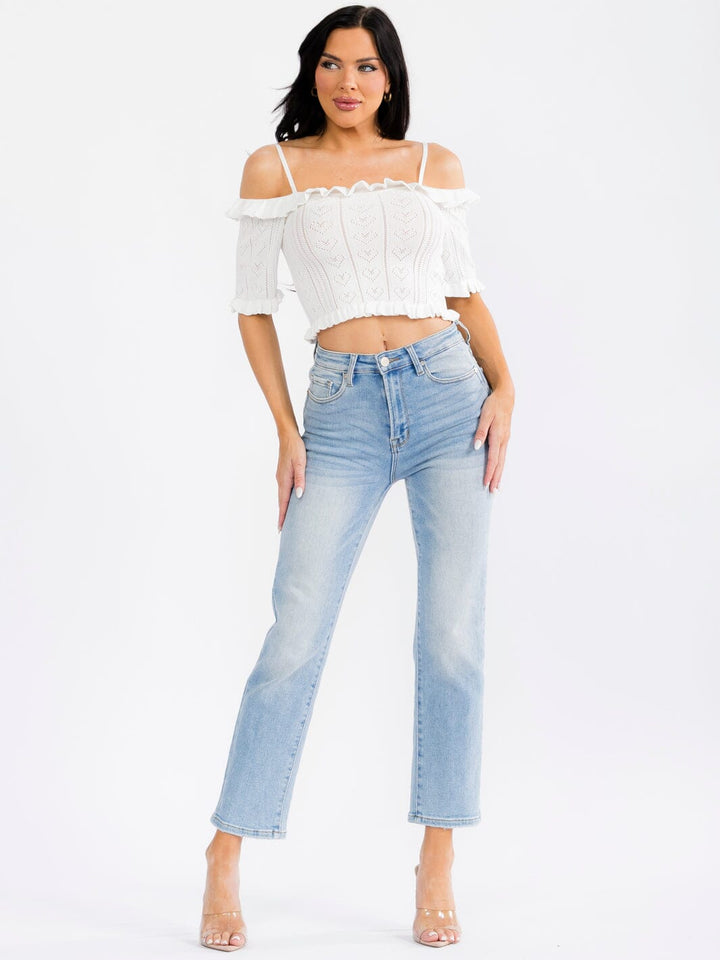 WOMEN'S COLD SHOULDER POINTELLE HEART KNIT TOP