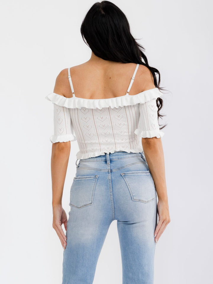 WOMEN'S COLD SHOULDER POINTELLE HEART KNIT TOP