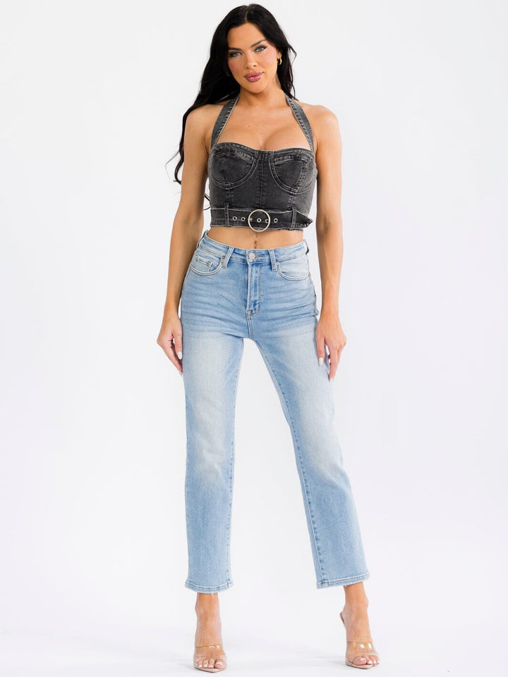 WOMEN'S SLEEVELESS HALTER NECK OPEN BACK BELTED DENIM CROP TOP