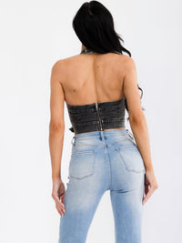WOMEN'S SLEEVELESS HALTER NECK OPEN BACK BELTED DENIM CROP TOP
