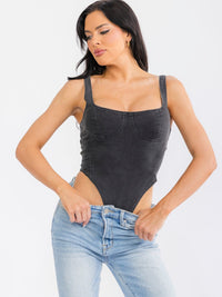 WOMEN'S SLEEVELESS SQUARE NECK WASHED DENIM BODYSUIT