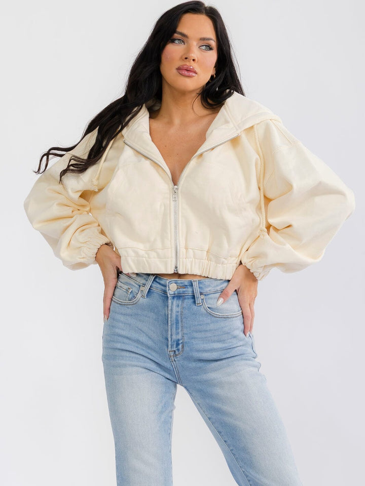 WOMEN'S LONG SLEEVE ZIP UP HOODED FRONT POCKETS JACKET