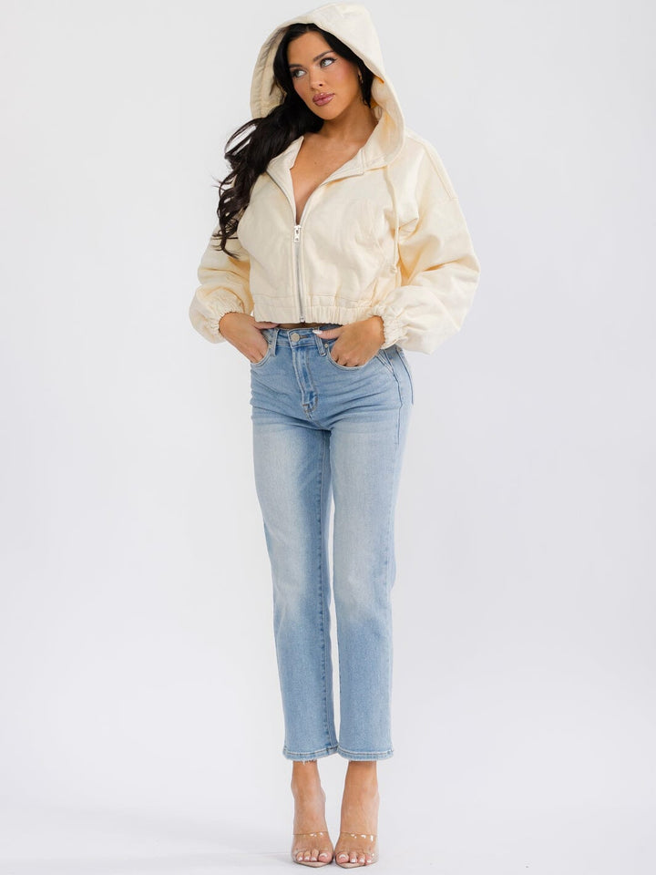 WOMEN'S LONG SLEEVE ZIP UP HOODED FRONT POCKETS JACKET