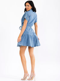 WOMEN'S SHORT SLEEVE BUTTON UP SELF TIE TIERED DENIM MINI DRESS