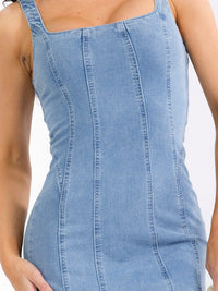 WOMEN'S SLEEVELESS SQUARE NECK BODYCON STRETCH DENIM MINI DRESS