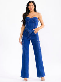 WOMEN'S SLEEVELESS CROP TOP & BUTTON CLOSURE PANTS STRETCH DENIM 2PC. SET