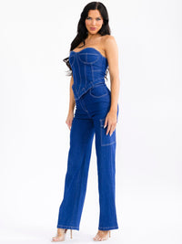 WOMEN'S SLEEVELESS CROP TOP & BUTTON CLOSURE PANTS STRETCH DENIM 2PC. SET