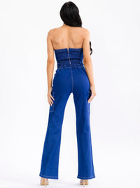 WOMEN'S SLEEVELESS CROP TOP & BUTTON CLOSURE PANTS STRETCH DENIM 2PC. SET