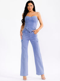 WOMEN'S SLEEVELESS CROP TOP & BUTTON CLOSURE PANTS STRETCH DENIM 2PC. SET