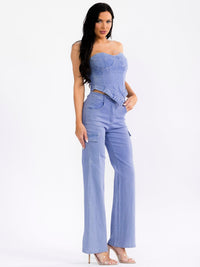 WOMEN'S SLEEVELESS CROP TOP & BUTTON CLOSURE PANTS STRETCH DENIM 2PC. SET