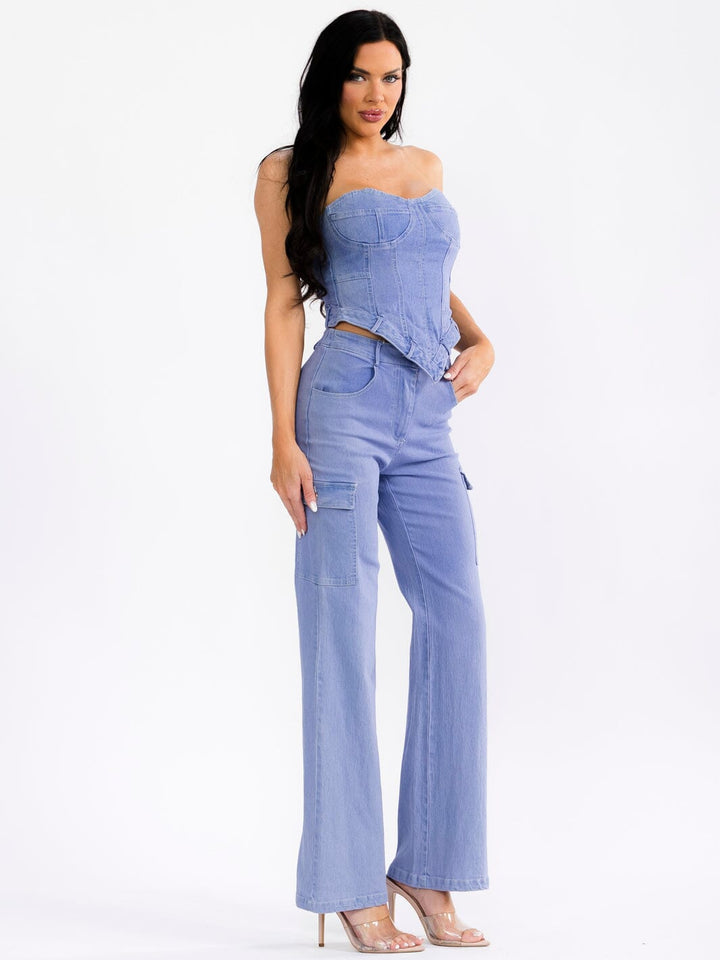 WOMEN'S SLEEVELESS CROP TOP & BUTTON CLOSURE PANTS STRETCH DENIM 2PC. SET