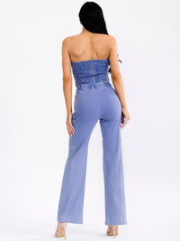 WOMEN'S SLEEVELESS CROP TOP & BUTTON CLOSURE PANTS STRETCH DENIM 2PC. SET