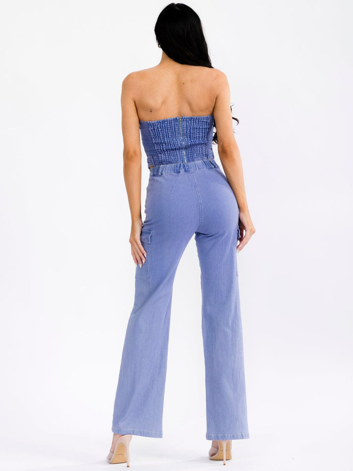 WOMEN'S SLEEVELESS CROP TOP & BUTTON CLOSURE PANTS STRETCH DENIM 2PC. SET