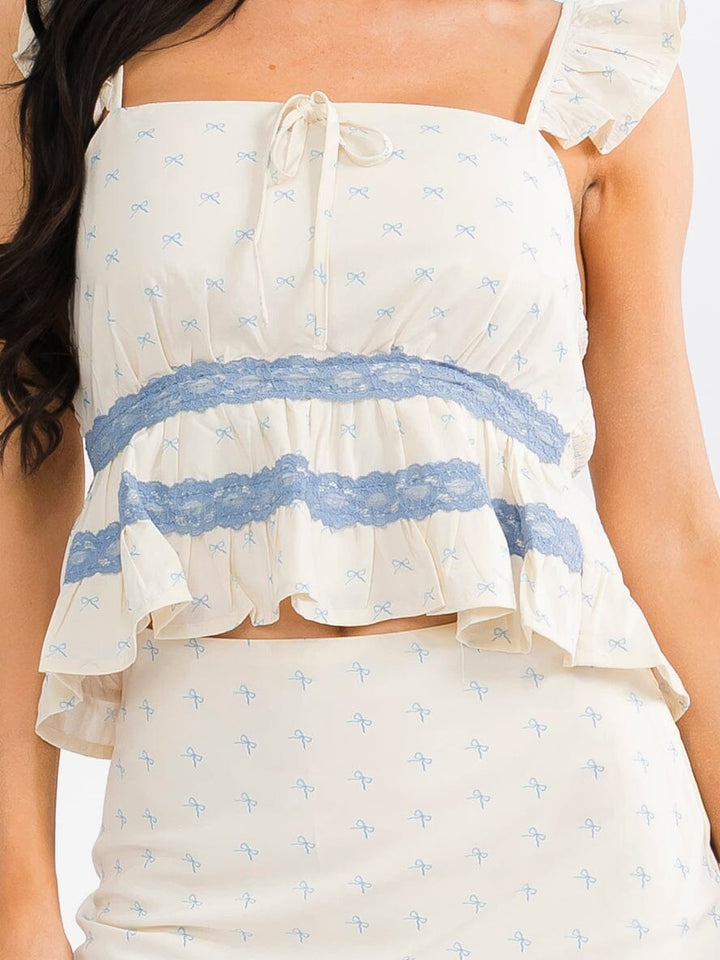 WOMEN'S SLEVELESS TANK TOP & ZIP UP MINI SKIRT SMOCK LACE BOWS 2PC. SET