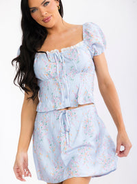 WOMEN'S SHORT SLEEVE BLOUSE TOP & ZIP UP MINI SKIRT SMOCK FLORAL 2PC. SET