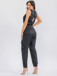 WOMEN'S SLEEVELESS V-NECK FRONT POCKETS BACK CUT OUT JOGGER LEG JUMPSUIT