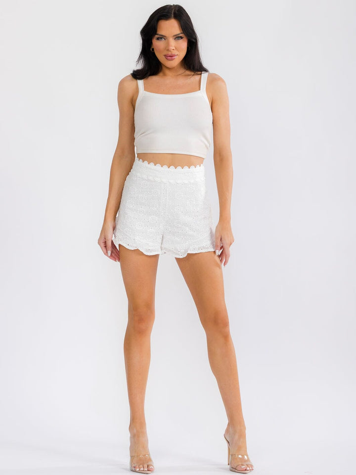 WOMEN'S ZIPPER CLOSURE RUFFLE EYELET MINI SHORTS