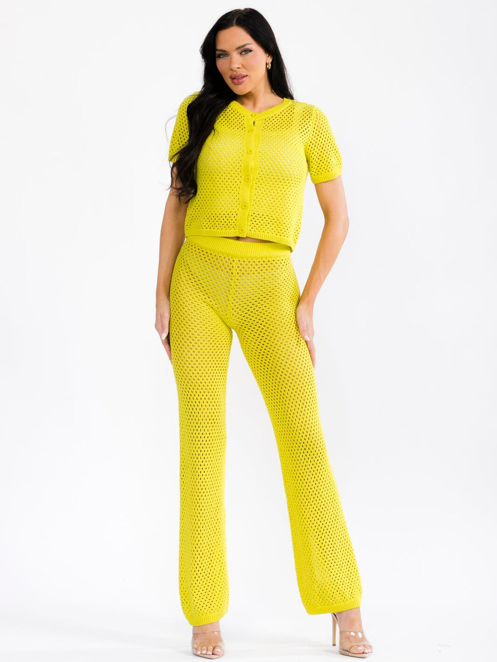 WOMEN'S SHORT SLEEVE BUTTON UP TOP & ELASTIC WAIST PANTS CROCHET 2PC. SET