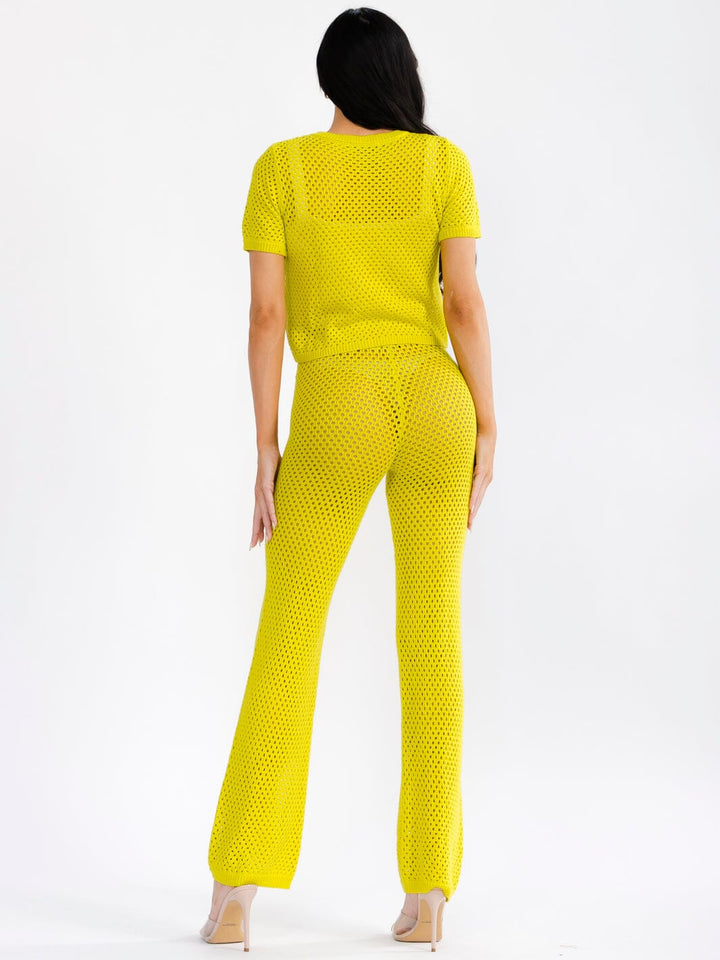 WOMEN'S SHORT SLEEVE BUTTON UP TOP & ELASTIC WAIST PANTS CROCHET 2PC. SET