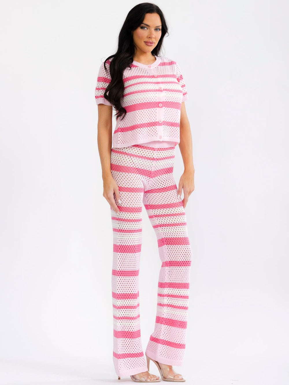WOMEN'S SHORT SLEEVE BUTTON UP TOP & ELASTIC WAIST PANTS STRIPES CROCHET 2PC. SET