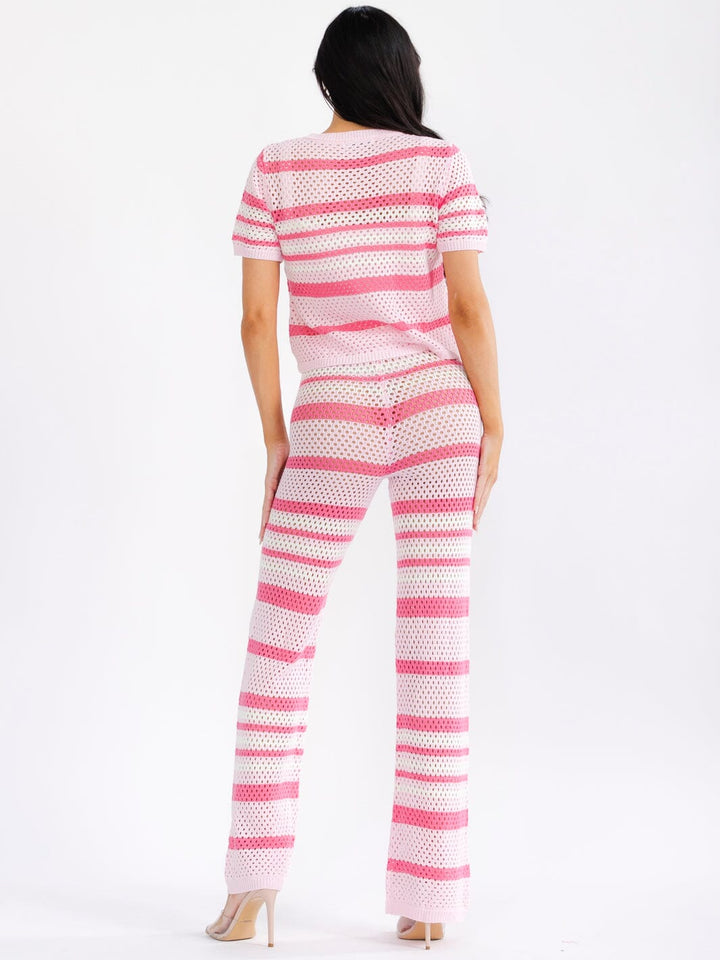 WOMEN'S SHORT SLEEVE BUTTON UP TOP & ELASTIC WAIST PANTS STRIPES CROCHET 2PC. SET