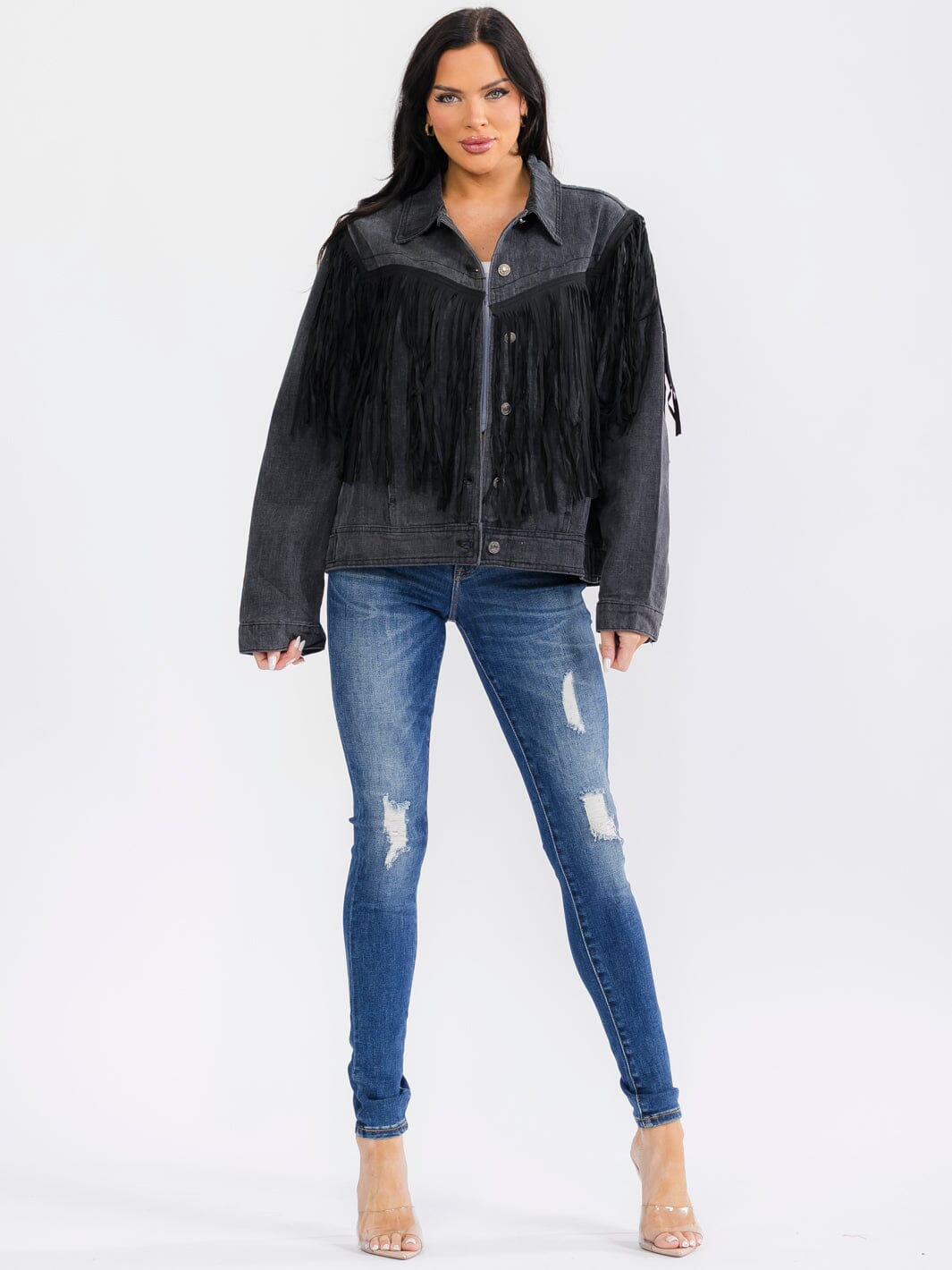 WOMEN'S LONG SLEEVE BUTTON UP POCKETS DENIM FRINGE JACKET