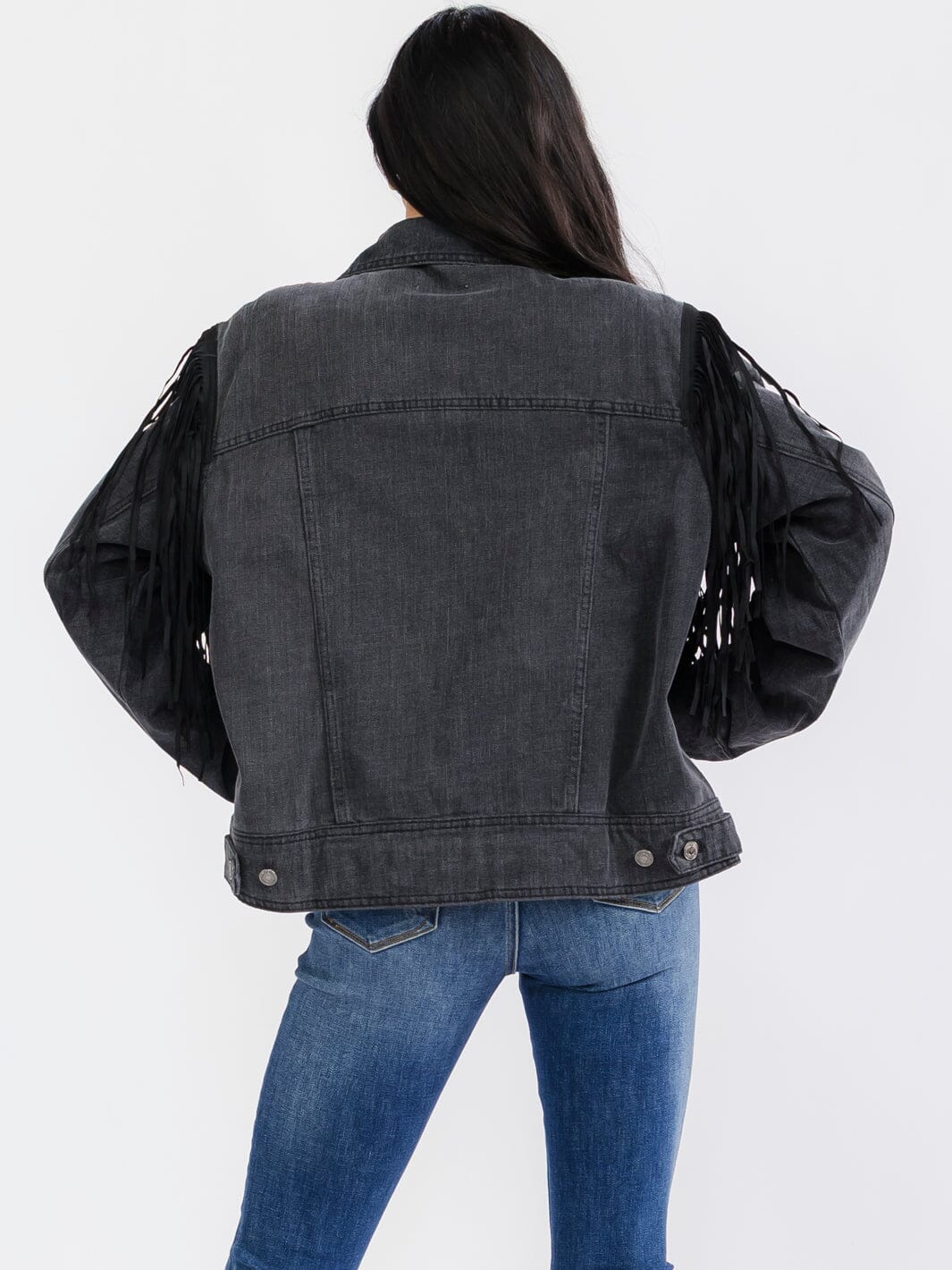 WOMEN'S LONG SLEEVE BUTTON UP POCKETS DENIM FRINGE JACKET
