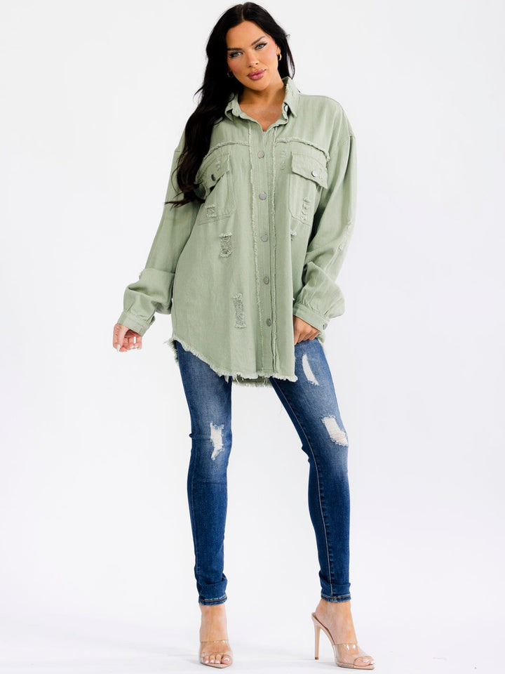WOMEN'S LONG SLEEVE BUTTON UP FRONT POCKETS DENIM DISTRESS SHACKET