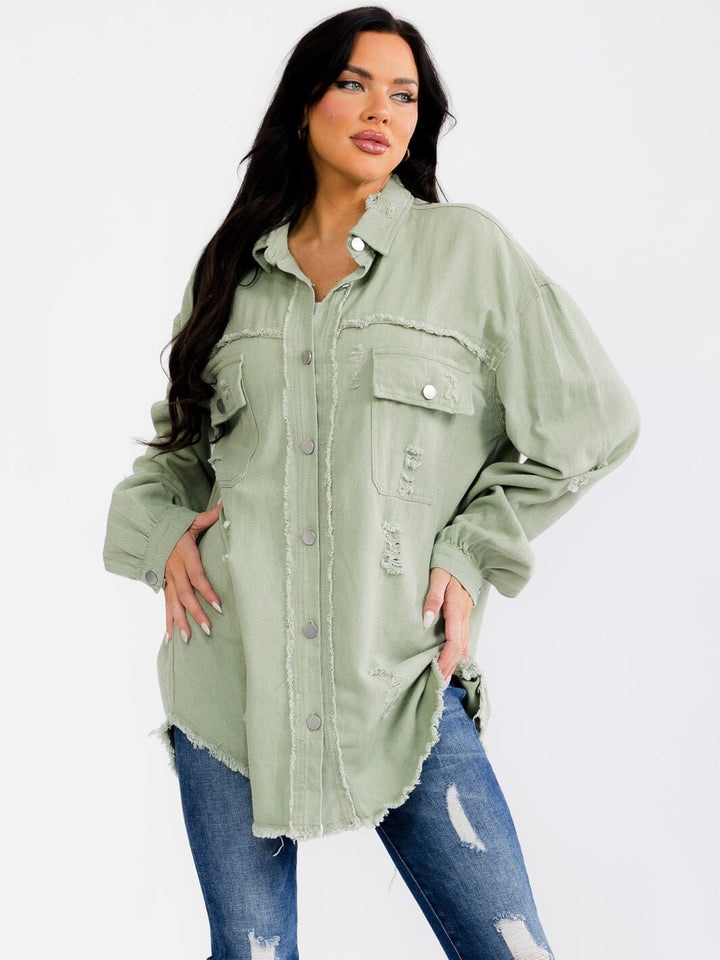 WOMEN'S LONG SLEEVE BUTTON UP FRONT POCKETS DENIM DISTRESS SHACKET