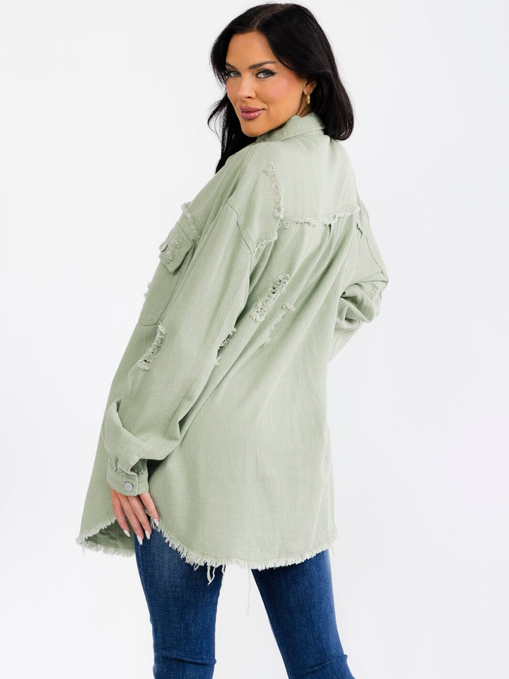 WOMEN'S LONG SLEEVE BUTTON UP FRONT POCKETS DENIM DISTRESS SHACKET