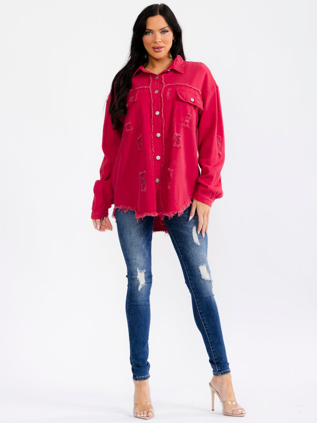 WOMEN'S LONG SLEEVE BUTTON UP FRONT POCKETS DENIM DISTRESS SHACKET