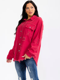 WOMEN'S LONG SLEEVE BUTTON UP FRONT POCKETS DENIM DISTRESS SHACKET